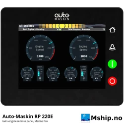 Auto-Maskin RP 220E Remote Panel — Manufacturer: Auto-Maskin, Model: RP 220E (Marine Pro twin-engine remote panel), Manufacturers part number: 1006472, Performance specification: 5.7" colour capacitive touchscreen 640 x 480, 450 cd/m², 4 touch buttons, glove-capable; IP56 complete enclosure, IP66 front when mounted, Class: DNV cyber security type approval TAA00003H4 (security profile 1, IACS UR E27) – not a general class approval, Weight: 0.8 kg, Amps: 0.4 A typical at 24 VDC, Volt: 8-32 VDC (12 / 24 VDC systems), Working temperature max, celsius degrees: Operating -25 to +70 °C, storage -30 to +85 °C, Remarks: Ethernet 10/100 (IP67 RJ45), USB 2.0 service port, 4 x 12-pin Deutsch DT06-12SA; 3 digital inputs, 1 digital output, DIMENSIONs: Approx. 162 x 130 x 67 mm (W x H x D); panel cut-out 155 x 123 mm, access depth 90 mm