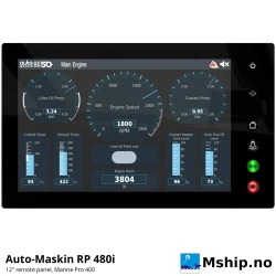 Auto-Maskin RP 480i Remote Panel — Manufacturer: Auto-Maskin, Model: RP 480i (Marine Pro 400 remote panel), Manufacturers part number: 1500061, Performance specification: 12.1" colour touchscreen 1280 x 800 with swipe support; controls and monitors up to eight Marine Pro DCUs; IP56 front, Class: IACS type approved: DNV (TAA00000Z6), LR (LR23405374TA), BV (20519/D0), ABS (PDA 24-2515035-1-PDA), KR (CPH17663-AC001), CCS (BG23PTB00001) – RP 480i, Other: I/O: 8 digital inputs, digital outputs (0.5 A), 8 x 4-20 mA / analogue inputs, 24 V supply outputs, 1 relay, Weight: 3.0 kg, Volt: 8-32 VDC (12 / 24 VDC systems), Remarks: Interfaces: CAN SAE J1939 (isolated, 250 kbps), 2 x Ethernet 10/100, Modbus TCP, Modbus RTU, DIMENSIONs: 333 x 202 x 51 mm (W x H x D); panel cut-out 321 x 190.5 mm
