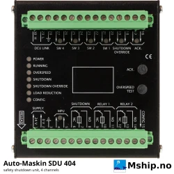 Auto-Maskin SDU 404 Safety Shutdown Unit — Manufacturer: Auto-Maskin, Model: SDU 404 (Marine Pro safety shutdown unit), Manufacturers part number: 1006418, Performance specification: 4-channel independent engine safety shutdown unit for smaller engines; overspeed with test mode, Class: IACS type approved: DNV (TAA00000Z6), LR (LR23405374TA), BV (20519/D0), ABS (PDA 24-2515035-1-PDA), KR (CPH17663-AC001), CCS (BG23PTB00001) – SDU 404; LR LR22131218SS-01, Other: Switch inputs with wire-break and short-circuit detection, tacho input (passive or active pickup), 2 x 4-20 mA, 1 x PT100 / PT1000, shutdown relay 0.7 A, other relays 0.7 A, configurable output 1.8 A, Weight: 0.4 kg, Volt: 18-32 VDC (24 VDC nominal), Working temperature max, celsius degrees: Operating +5 to +70 °C, storage -30 to +80 °C; IP30 (for cabinet mounting), Remarks: Gear and rpm interlocks on all channels, secondary shutdown override for oil mist, rpm channel with loop monitoring, LED fault / status indication; configured automatically from 200 / 400 Series DCU, DIMENSIONs: 101 x 105 x 52 mm (W x H x D)