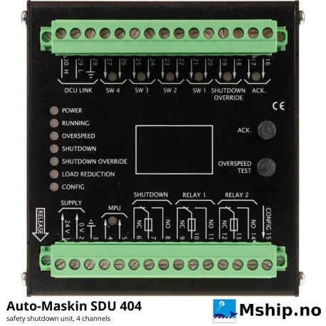 Auto-Maskin SDU 404 Safety Shutdown Unit — Manufacturer: Auto-Maskin, Model: SDU 404 (Marine Pro safety shutdown unit), Manufacturers part number: 1006418, Performance specification: 4-channel independent engine safety shutdown unit for smaller engines; overspeed with test mode, Class: IACS type approved: DNV (TAA00000Z6), LR (LR23405374TA), BV (20519/D0), ABS (PDA 24-2515035-1-PDA), KR (CPH17663-AC001), CCS (BG23PTB00001) – SDU 404; LR LR22131218SS-01, Other: Switch inputs with wire-break and short-circuit detection, tacho input (passive or active pickup), 2 x 4-20 mA, 1 x PT100 / PT1000, shutdown relay 0.7 A, other relays 0.7 A, configurable output 1.8 A, Weight: 0.4 kg, Volt: 18-32 VDC (24 VDC nominal), Working temperature max, celsius degrees: Operating +5 to +70 °C, storage -30 to +80 °C; IP30 (for cabinet mounting), Remarks: Gear and rpm interlocks on all channels, secondary shutdown override for oil mist, rpm channel with loop monitoring, LED fault / status indication; configured automatically from 200 / 400 Series DCU, DIMENSIONs: 101 x 105 x 52 mm (W x H x D)