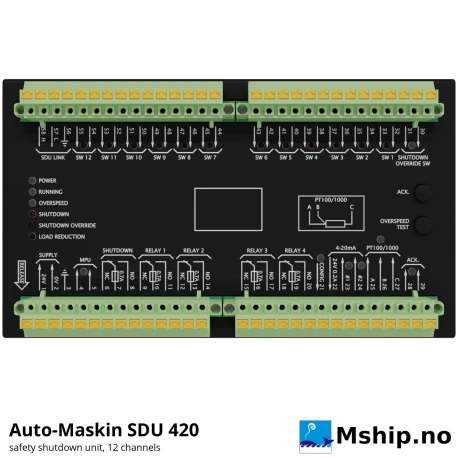 Auto-Maskin SDU 420 Safety Shutdown Unit — Manufacturer: Auto-Maskin, Model: SDU 420 (Marine Pro safety shutdown unit), Manufacturers part number: 1500158, Performance specification: 12-channel independent engine safety shutdown unit for larger engines; 3 analogue channels usable for shutdown; overspeed with test mode, Class: IACS type approved: DNV (TAA00000Z6), LR (LR23405374TA), BV (20519/D0), ABS (PDA 24-2515035-1-PDA), KR (CPH17663-AC001) – SDU 420; LR LR22131218SS-01, Other: Switch inputs with wire-break and short-circuit detection, tacho input (passive or active pickup), 2 x 4-20 mA, 1 x PT100 / PT1000, shutdown relay 0.7 A, other relays 0.7 A, configurable output 1.8 A, Volt: 18-32 VDC (24 VDC nominal), Working temperature max, celsius degrees: Operating +5 to +70 °C, storage -30 to +80 °C; IP30 (for cabinet mounting), Remarks: Gear and rpm interlocks on all channels, secondary shutdown override for oil mist, rpm channel with loop monitoring, LED fault / status indication; configured automatically from 200 / 400 Series DCU, DIMENSIONs: 183 x 105 x 48 mm (W x H x D)