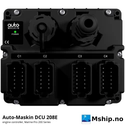Auto-Maskin DCU 208E Engine Controller — Manufacturer: Auto-Maskin, Model: DCU 208E (Marine Pro 200 Series), Manufacturers part number: 1006477, Performance specification: Engine controller without display, operated from Marine Pro remote panels, Class: DNV cyber security type approval TAA00003H4 (security profile 1, IACS UR E27) – not a general class approval, Other: 19 flexible I/O (digital in/out, 4-20 mA or 0-Vcc analog input), 2 relays (0.7 A, form C), PT100 inputs, 24 V and 5 V sensor supply, Volt: 8-32 VDC (12 / 24 VDC systems), Remarks: Interfaces: 2 x CAN SAE J1939 (250 kbps), Ethernet / Modbus TCP 10/100, Modbus RTU, USB; IP67 RJ45