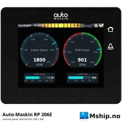 Auto-Maskin RP 206E Remote Panel — Manufacturer: Auto-Maskin, Model: RP 206E (Marine Pro 200 / 400 remote panel), Manufacturers part number: 1006478, Performance specification: 5.7" colour capacitive touchscreen 640 x 480, 450 cd/m², 2 touch buttons; IP56 complete enclosure, IP66 front when mounted, Class: DNV cyber security type approval TAA00003H4 (security profile 1, IACS UR E27) – not a general class approval, Weight: 0.8 kg, Amps: 0.4 A typical at 24 VDC, Volt: 8-32 VDC (12 / 24 VDC systems), Working temperature max, celsius degrees: Operating -25 to +70 °C, storage -30 to +85 °C, Remarks: Ethernet 10/100 (IP67 RJ45), USB 2.0 service port, 4 x 12-pin Deutsch DT06-12SA, DIMENSIONs: Approx. 162 x 130 x 67 mm (W x H x D); panel cut-out 155 x 123 mm, access depth 90 mm