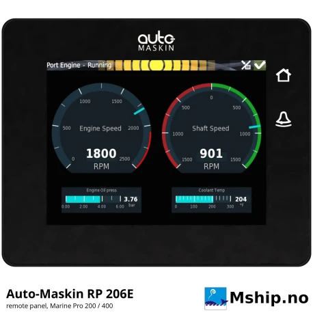 Auto-Maskin RP 206E Remote Panel — Manufacturer: Auto-Maskin, Model: RP 206E (Marine Pro 200 / 400 remote panel), Manufacturers part number: 1006478, Performance specification: 5.7" colour capacitive touchscreen 640 x 480, 450 cd/m², 2 touch buttons; IP56 complete enclosure, IP66 front when mounted, Class: DNV cyber security type approval TAA00003H4 (security profile 1, IACS UR E27) – not a general class approval, Weight: 0.8 kg, Amps: 0.4 A typical at 24 VDC, Volt: 8-32 VDC (12 / 24 VDC systems), Working temperature max, celsius degrees: Operating -25 to +70 °C, storage -30 to +85 °C, Remarks: Ethernet 10/100 (IP67 RJ45), USB 2.0 service port, 4 x 12-pin Deutsch DT06-12SA, DIMENSIONs: Approx. 162 x 130 x 67 mm (W x H x D); panel cut-out 155 x 123 mm, access depth 90 mm