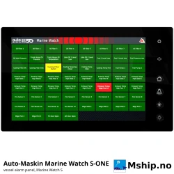 Auto-Maskin Marine Watch S-ONE Alarm Panel — Manufacturer: Auto-Maskin, Model: Marine Watch S-ONE, Manufacturers part number: 1500073, Performance specification: Vessel alarm panel: 12.1" touchscreen 1280 x 800 with swipe navigation; alarm list, event log, trending, watch transfer, dead man alarm; IP56 front, Class: IACS type approved: DNV (TAA000033G) – Marine Watch S Series, Volt: 8-32 VDC (12 / 24 VDC systems), Remarks: Ethernet to Marine Watch I/O cabinets and panels; Marine Broadcast cloud monitoring, SMS / e-mail alerts, DIMENSIONs: 333 x 202 x 51 mm (W x H x D); panel cut-out 321 x 190.5 mm
