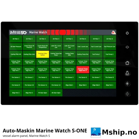 Auto-Maskin Marine Watch S-ONE Alarm Panel — Manufacturer: Auto-Maskin, Model: Marine Watch S-ONE, Manufacturers part number: 1500073, Performance specification: Vessel alarm panel: 12.1" touchscreen 1280 x 800 with swipe navigation; alarm list, event log, trending, watch transfer, dead man alarm; IP56 front, Class: IACS type approved: DNV (TAA000033G) – Marine Watch S Series, Volt: 8-32 VDC (12 / 24 VDC systems), Remarks: Ethernet to Marine Watch I/O cabinets and panels; Marine Broadcast cloud monitoring, SMS / e-mail alerts, DIMENSIONs: 333 x 202 x 51 mm (W x H x D); panel cut-out 321 x 190.5 mm