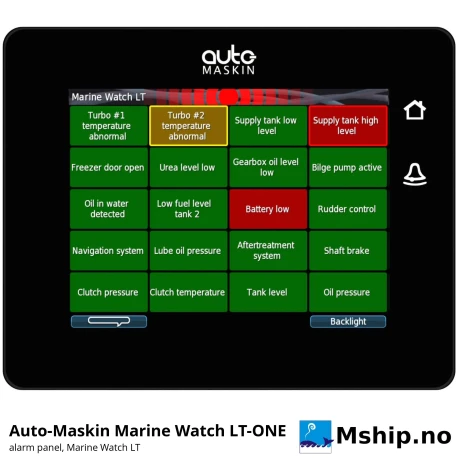 Auto-Maskin Marine Watch LT-ONE Alarm Panel — Manufacturer: Auto-Maskin, Model: Marine Watch LT-ONE, Manufacturers part number: 1500074, Performance specification: Vessel alarm panel for unclassed vessels: 5.7" colour touchscreen 640 x 480, 2 touch buttons; IP56 complete enclosure, IP66 front, Class: DNV cyber security type approval TAA00003H4 (security profile 1, IACS UR E27) – not a general class approval, Other: 19 flexible I/O (digital in/out, 4-20 mA or 0-Vcc analog input), 2 relays, tacho, 2 PT100 / thermistor inputs; plug-in I/O expansion, Weight: 0.8 kg, Amps: 0.5 A typical, 2 A max at 24 VDC, Volt: 8-32 VDC (12 / 24 VDC systems), Working temperature max, celsius degrees: Operating -25 to +70 °C, storage -30 to +85 °C, Remarks: Interfaces: 2 x CAN SAE J1939, Ethernet / Modbus TCP, Modbus RTU, RIO link, USB, DIMENSIONs: Approx. 162 x 130 x 67 mm (W x H x D); panel cut-out 155 x 123 mm, access depth 90 mm