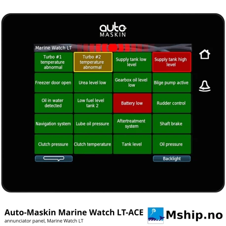 Auto-Maskin Marine Watch LT-ACE Annunciator Panel — Manufacturer: Auto-Maskin, Model: Marine Watch LT-ACE, Manufacturers part number: 1500120, Performance specification: Alarm annunciator for up to two LT-ONE panels: 5.7" colour touchscreen 640 x 480, 2 touch buttons, CCTV support; IP56, Class: DNV cyber security type approval TAA00003H4 (security profile 1, IACS UR E27) – not a general class approval, Weight: 0.8 kg, Volt: 8-32 VDC (12 / 24 VDC systems), Working temperature max, celsius degrees: Operating -25 to +70 °C, storage -30 to +85 °C, Remarks: Ethernet; 3 digital inputs, 1 digital output, DIMENSIONs: Approx. 162 x 130 x 67 mm (W x H x D); panel cut-out 155 x 123 mm, access depth 90 mm