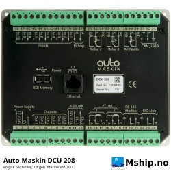 Auto-Maskin DCU 208 Engine Controller (legacy) — Manufacturer: Auto-Maskin, Model: DCU 208 (Marine Pro 200, 1st generation – discontinued), Manufacturers part number: 1006480, Performance specification: Engine controller without display, operated from a remote panel; front IP44; replaced by DCU 208E, Other: Inputs: digital inputs, 2 x 4-20 mA, 2 x PT100 (0-800 °C), magnetic pickup. Outputs: digital outputs, relay output (1 A), Weight: 340 g, Volt: 8-32 VDC (12 / 24 VDC systems), Working temperature max, celsius degrees: Operating +5 to +70 °C, Remarks: Interfaces: CAN SAE J1939 (250 kbps), Ethernet / Modbus TCP 100 Mbps, Modbus RTU 19 200 baud, DIMENSIONs: 161 x 132 x 37 mm (W x H x D)