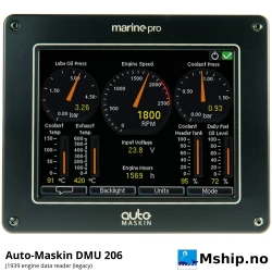 Auto-Maskin DMU 206 J1939 Reader (legacy) — Manufacturer: Auto-Maskin, Model: DMU 206 (discontinued), Manufacturers part number: 1006483, Performance specification: J1939 CAN bus engine data display, 5.7" colour touchscreen 320 x 240; front IP44, Weight: 400 g, Volt: 8-32 VDC (12 / 24 VDC systems), Working temperature max, celsius degrees: Operating +5 to +70 °C, Remarks: Interfaces: J1939 CAN (250 kbps) engine interface, Ethernet / Modbus TCP 10/100, DIMENSIONs: 161 x 132 x 37 mm (W x H x D)