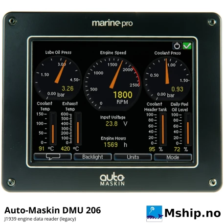 Auto-Maskin DMU 206 J1939 Reader (legacy) — Manufacturer: Auto-Maskin, Model: DMU 206 (discontinued), Manufacturers part number: 1006483, Performance specification: J1939 CAN bus engine data display, 5.7" colour touchscreen 320 x 240; front IP44, Weight: 400 g, Volt: 8-32 VDC (12 / 24 VDC systems), Working temperature max, celsius degrees: Operating +5 to +70 °C, Remarks: Interfaces: J1939 CAN (250 kbps) engine interface, Ethernet / Modbus TCP 10/100, DIMENSIONs: 161 x 132 x 37 mm (W x H x D)