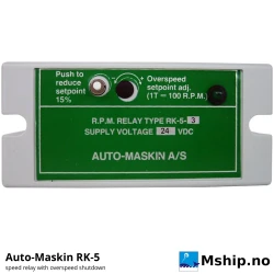 Auto-Maskin RK-5 Speed Relay (legacy) — Manufacturer: Auto-Maskin, Model: RK-5 (discontinued), Manufacturers part number: 1020008 (RK-5-1), Alternative part number: 1020009 (RK-5-2), 1020031 (RK-5-3), Performance specification: Speed relay with overspeed shutdown; RK-5-1 0-100 Hz (tachogenerator), RK-5-2 0-2000 Hz (pickup at timing gear), RK-5-3 0-8000 Hz (pickup at flywheel), Remarks: Relays: D1 and D2 changeover, D3 normally open – closes and self-holds at overspeed, reset with button