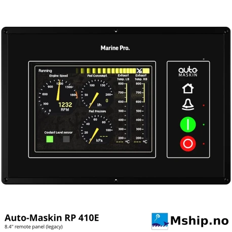 Auto-Maskin RP 410E Remote Panel (legacy) — Manufacturer: Auto-Maskin, Model: RP 410E (Marine Pro 400 – discontinued), Manufacturers part number: 1006446, Performance specification: 8.4" colour touchscreen 640 x 480; up to eight 200 / 400 Series DCUs; IP56 front, Class: IACS type approved: DNV (TAA00000Z6), LR (LR23405374TA), BV (20519/D0), ABS (PDA 24-2515035-1-PDA), KR (CPH17663-AC001), CCS (BG23PTB00001) – Marine Pro 400 Series (RP 410E), Other: 4 switch inputs, configurable potential-free relays (form C), MK-14 relay expansion, Weight: 2.1 kg incl. connectors, Volt: 18-32 VDC (24 VDC nominal), Working temperature max, celsius degrees: Operating -20 to +70 °C, Remarks: Ethernet 10/100, USB 2.0, DIMENSIONs: 320 x 220 x 56 mm (W x H x D); cut-out 302 x 184 mm, access depth 110 mm