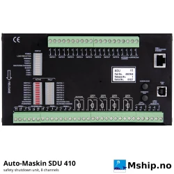 Auto-Maskin SDU 410 Safety Shutdown Unit (legacy) — Manufacturer: Auto-Maskin, Model: SDU 410 (Marine Pro 400 – legacy), Manufacturers part number: 1006451, Performance specification: Independent engine safety shutdown unit, 8 switch channels (NO) and 2 speed sensor inputs with wire-break and short-circuit detection; up to UMS, Class: IACS type approved: DNV (TAA00000Z6), LR (LR23405374TA), BV (20519/D0), ABS (PDA 24-2515035-1-PDA), KR (CPH17663-AC001), CCS (BG23PTB00001) – SDU 410; LR LR22131218SS-01, Weight: 0.80 kg, Volt: 24 VDC, Remarks: Shutdown relay 1.8 A, other relays 0.5 A at 24 VDC; Ethernet port (off by default from firmware 1.50); LED per channel, DIMENSIONs: 195 x 105 x 45 mm (W x H x D)