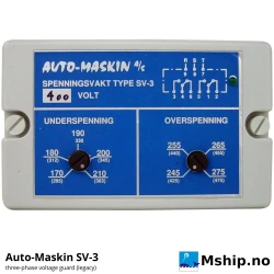 Auto-Maskin SV-3 Voltage Guard (legacy) — Manufacturer: Auto-Maskin, Model: SV-3 (discontinued), Performance specification: Three-phase voltage guard for 230 / 400 VAC with adjustable under- and overvoltage set points and LED status per phase