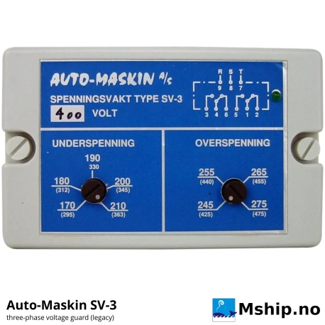 Auto-Maskin SV-3 Voltage Guard (legacy) — Manufacturer: Auto-Maskin, Model: SV-3 (discontinued), Performance specification: Three-phase voltage guard for 230 / 400 VAC with adjustable under- and overvoltage set points and LED status per phase