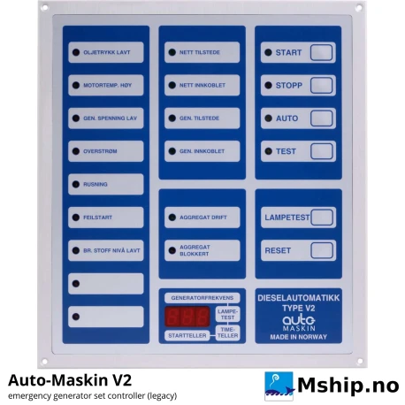 Auto-Maskin V2 Emergency Generator Set Controller (legacy) — Manufacturer: Auto-Maskin, Model: V2 (discontinued), Performance specification: Control and monitoring unit for land-based emergency diesel generator sets (discontinued, limited delivery on request)