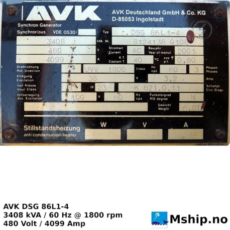 AvK DSG 86 L1-4 nameplate, unit 1, serial 8124138 G108