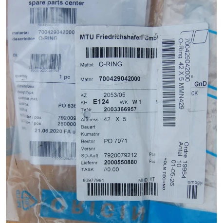 MTU 700429042000 O-RING — Manufacturer: MTU, Manufacturers part number:  700429042000 