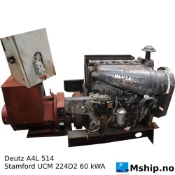 Deutz A4L 514 with 60 kWA genrator Stamford — Manufacturer: Deutz, Model: A 4 L 514, Serial number: 2 258 549-52, RPM: 1500, Running Hours: 184, Fuel Type: Diesel, Other: Only 184 hours since new., Generator end type: Stamford UCI224E23    Serial number 0049257/1, Amps: 86,6, Volt: 400, HZ: 50, kVA: 60