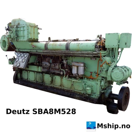 Deutz SBA 8M 528 — Manufacturer: Deutz, Model: SBA 8M 528, Serial number: 6016118, HP: 600, kW: 441, RPM: 620, Cylinder bore: 220 mm, Piston Stroke: 280 mm, Number of cylinders: 8, Displacement: 85,2 Liter, Cylinder configuration: In line, Rotation direction: CCW - Counter clockwise seen from aft, Fuel Type: MDO or HFO, Turbo model: BBC VTR200H, Class: Germanischer Lloyd, Weight: 8,6 Ton, without flywheel.