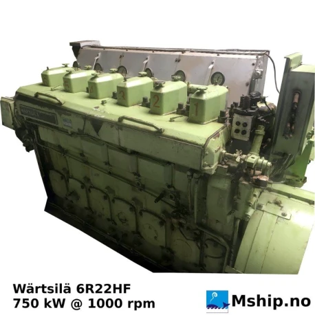 Wärtsilä 6R22HF — Manufacturer: Wärtsilä, Model: 6R22HF, Serial number: 7881, Performance specification: 1701751  - AUX engine, Year: 1998, HP: 1006, kW: 750, RPM: 1000, Cylinder bore: 220 mm, Number of cylinders: 6, Cylinder configuration: In line, Rotation direction: CW, Fuel Type: HFO.    Fuel Type:HFO 730, Turbo model: VTR184-11, Other: Governor: Woodward  UG10D  4V22L214-4