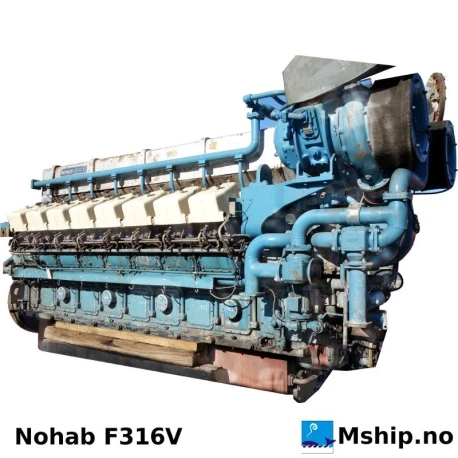 Nohab F316V — Manufacturer: Nohab, Model: F316V, Serial number: 3240, HP: 4023 @ 825 / 4500 @ 900 rpm, kW: 3000 @ 825 rpm / 3310 @ 900 rpm, RPM: 825, Running Hours: 25400 since last major overhaul. 110566 running hours total., Cylinder bore: 250 mm, Piston Stroke: 300 mm, Number of cylinders: 16, Cylinder configuration: 45 degree V engine, Rotation direction: CW - Clockwise seen from aft, Class: DNV, Weight: Dry weight 21,7 Ton, including flywheel-