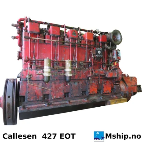Callesen 427 EOT — Manufacturer: Callesen, Model: 427 EOT, Serial number: 843776, Year: 1976, HP: 575 / 625, kW: 429 / 460, RPM: 425 / 466, Cylinder bore: 270, Piston Stroke: 400, Number of cylinders: 5, Cylinder configuration: In line, Rotation direction: CCW, Fuel Type: Diesel, Turbo model: BBC Type VTR 200 N ZD4R 269, Class: DNV, Gear type: Non Reversing Gearbox  CPP  - to be used with controllable pitch propeller, Gear ratio: 1:1
