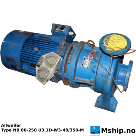 Allweiler NB 80-250   16M³/h  pump — Manufacturer: Allweiler, Model: NB 80-250, Manufacturers part number: NB 80-250 U3 1D-W3-48/350-M, Serial number: 10023990, Year: 2010, HP: 21, kW: 16, RPM: 1750, Volt: 440, HZ: 60, Electric motor type: HØYER MOTORS type  Y2E2-180M-4   serial no:  SH 527214-287