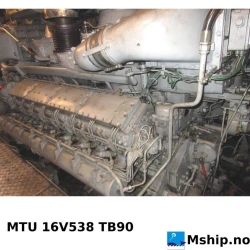 MTU 16V538 TB90 — Manufacturer: MTU, Model: 16V538 TB90, Serial number: 91536  and  91200, Year: 1970, HP: 3500, kW: 2610, Cylinder bore: 185 mm, Piston Stroke: 200 mm, Number of cylinders: 16, Displacement: 86 Liter, Cylinder configuration:  60 degree V, Rotation direction: CCW - Counter clockwise seen from aft, Fuel Type: Diesel, Turbo model: MTU AGL 84 turbocharger, Other: regulator R32gp-2, Weight: About, 6700 Kg - dry weight, Gear type: MTU Maybach KS4018