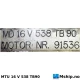 MTU 16V538 TB90 — Manufacturer: MTU, Model: 16V538 TB90, Serial number: 91536  and  91200, Year: 1970, HP: 3500, kW: 2610, Cylinder bore: 185 mm, Piston Stroke: 200 mm, Number of cylinders: 16, Displacement: 86 Liter, Cylinder configuration:  60 degree V, Rotation direction: CCW - Counter clockwise seen from aft, Fuel Type: Diesel, Turbo model: MTU AGL 84 turbocharger, Other: regulator R32gp-2, Weight: About, 6700 Kg - dry weight, Gear type: MTU Maybach KS4018