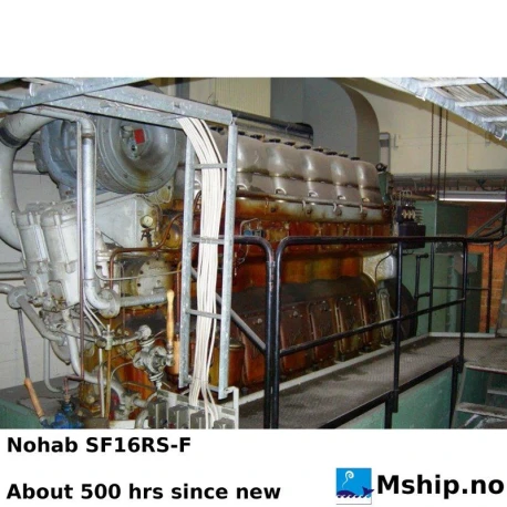 Nohab SF16RS — Manufacturer: Nohab Polar, Model: SF16RS, Serial number: 1808, Year: 1963, HP: 675, kW: 496, RPM: 750, Running Hours: 500, Cylinder bore: 250.825 mm (9- 7/8"), Piston Stroke: 250.825 mm (9- 7/8"), Number of cylinders: 6, Displacement: 88,482 Liter, Cylinder configuration: In line, Fuel Type: Diesel, Class: Lloyd’s Register, Other: Dismantled for spare parts - all major parts can be supplied, Weight: 6600 kg - without flywheel