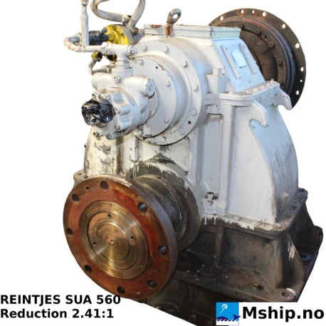 REINTJES SUA 560 — Manufacturer: REINTJES, Model: SUA 560, Serial number: 43106, Year: 1975, HP: 2100, RPM: 600, Rotation direction: Engine side: Counter clockwise CCW - Propeller side:Clock vice CW, Other: Weight 3805 kg., Gear type: FP  - normal reverse gear for fixed propeller blades, Gear ratio: 2.41:1