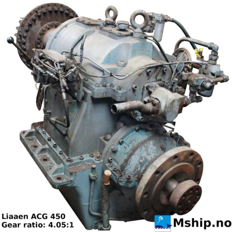 Liaaen ACG 450 — Manufacturer: Liaaen, Model: ACG 450, Serial number: 687, Year: 1986, HP: 1976, kW: 1453, RPM: 900, Gear type: Non Reversing Gearbox  CPP  - to be used with controllable pitch propeller, Gear ratio: 4.05:1