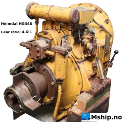 Heimdal HG 346 — Manufacturer: Heimdal Propulsion, Model: HG 346, Serial number: 36143, Year: 1989, HP: From 464 kW up to 1299 kW, kW: From 346 kW up to  969 kW, RPM: From  750 rpm up to 2100 rpm at engine side, Rotation direction: CW - clock wise propeller side, Other: MAX. TORQUE (Nm )  4407 Nm, Gear type: Non Reversing Gearbox  CPP  - to be used with controllable pitch propeller, Gear ratio: 4,57:1