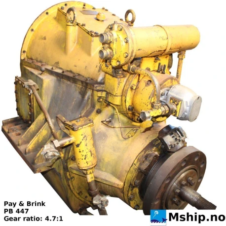 Pay & Brinck PB 447 — Manufacturer: Pay & Brinck, Model: PB 447, Serial number: 4004, Year: 1979, Rotation direction: Flywheel rotation: Clockwise - CW  - Propeller rotation: Counter clockwise CCW, Other: Max input torque: 7860 N.m  - Flywheel adaptor: SAE 00, Gear type: Non Reversing Gearbox  CPP  - to be used with controllable pitch propeller, Gear ratio: 4.7:1