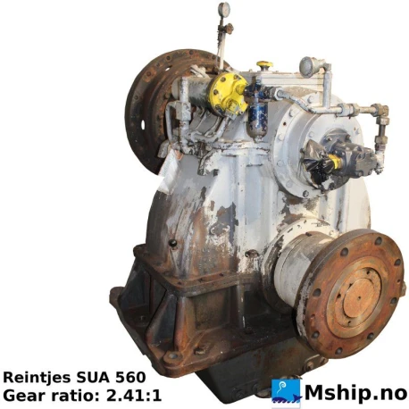 REINTJES SUA 560 — Manufacturer: REINTJES, Model: SUA 560, Serial number: 43105, Year: 1975, HP: 2100, kW: 1546, RPM: 600, Rotation direction: Rotation engine side:Clockwise CW  - rotation propeller side: Counter clockwise CCW, Gear type: FP  - normal reverse gear for fixed propeller blades, Gear ratio: 2.41:1