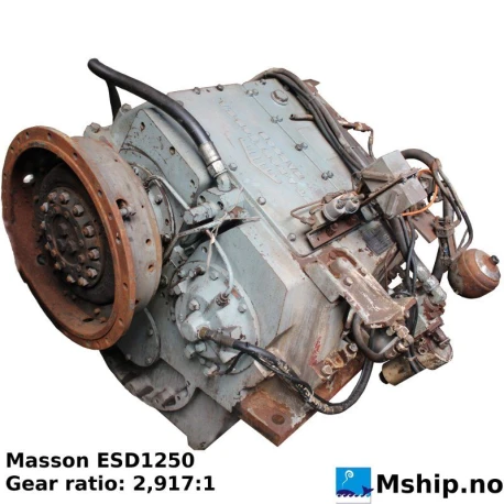 Masson ESD1250 — Manufacturer: Masson, Model: ESD1250, Serial number: 20168, HP: 2055, kW: 1511, RPM: 1250, Rotation direction: Input from engine: CCW seen from propeller side, Injection pump type: Non Reversing Gearbox, Other: This gearbox is still manufactured today under the following name: MM W12200 NR
, Gear type: Non Reversing Gearbox  CPP  - to be used with controllable pitch propeller, Gear ratio: 2.917:1