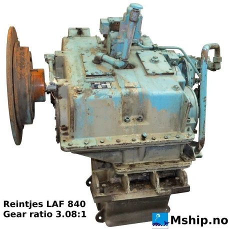 Reintjes LAF 840 — Manufacturer: REINTJES, Model: LAF 840, Serial number: 55262, Year: 1990, HP: 592, kW: 442, Rotation direction: Engine side: Counter clockwise CCW - Propeller side: Clockwise CW, Other: Max input torque   9263,5 N.m, Gear type: FP  - normal reverse gear for fixed propeller blades, Gear ratio: 3.08:1