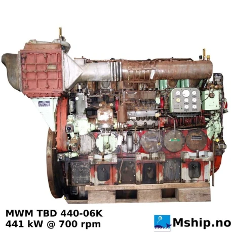 MWM TBD 440-06 K — Manufacturer: MWM, Model: TBD 440-06 K, Serial number: 440.06.20082, Year: 1985, HP: 591, kW: 441, RPM: 700, Number of cylinders: 6, Cylinder configuration: In line, Fuel Type: Diesel