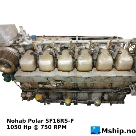 Nohab SF16RS-F — Manufacturer: Nohab Polar, Model: SF16RS-F, Serial number: 2271, HP: 1050, kW: 772, RPM: 750, Class: DNV, Other: Woodward governor Type PGA L/S Part No 8574-050
