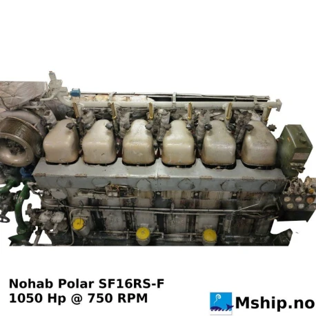 Nohab SF16RS-F — Manufacturer: Nohab Polar, Model: SF16RS-F, Serial number: 2274, HP: 1050, kW: 772, RPM: 750, Cylinder bore: 250.825 mm (9- 7/8"), Piston Stroke: 298.45 mm (11-3/4"), Number of cylinders: 6, Displacement: 88,482 Liter, Cylinder configuration: In line, Class: DNV, Weight: 6600 kg - without flywheel