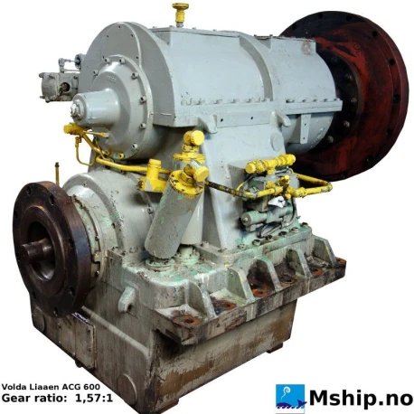 Volda Liaaen ACG 600 — Manufacturer: Volda Liaaen, Model: ACG 600, Serial number: 206, Year: 1976, HP: 3000 hp in @ 415 rpm, kW: 2206 hp in @ 415 rpm, RPM: 415 rpm in., Other: Starboard gear, Liiaen installation number 1358, Gear type: Non Reversing Gearbox  CPP  - to be used with controllable pitch propeller, Gear ratio: 1.57:1