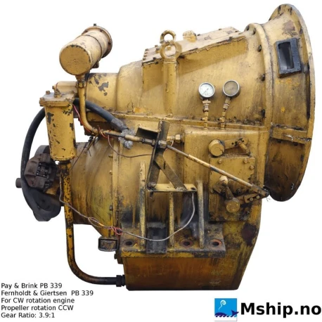 Pay & Brinck PB 339 — Manufacturer: Pay & Brinck, Model: PB 339   ( also called PB3-98), Serial number: 3016, Year: 1973, Rotation direction: CW Clockwise flywheel side - CCW - Counter clock wise propeller side, Injection pump type: Flywheel housing: SAE 00   - weight 1650 kg., Other: Max input torque : 7130 N.m, Gear type: Non Reversing Gearbox  CPP  - to be used with controllable pitch propeller, Gear ratio: 3,9:1