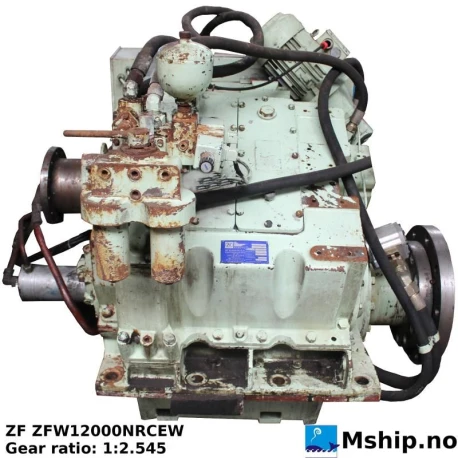 ZF W12000 NR CEW — Manufacturer: ZF Marine  - Masson, Model:  W12000 NR CEW, Serial number: 24743, Performance specification: 51573PRS, Year: 2001, kW: 1,369 kW /rpm  - Max  1250 rpm input Continuous Duty - 1711 kW , RPM: Max input rpm  1250, Rotation direction:  CEW - Counter Engine Wise, Class: Germanischer Lloyd, Other: Weight  2500 kg., Gear type: Non Reversing Gearbox  CPP  - to be used with controllable pitch propeller, Gear ratio: 2.545:1