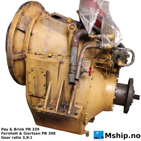 Pay & Brinck PB 339  (Fernholt & Giertsen PB 398) — Manufacturer: Pay & Brinck  (Fernholt & Giertsen), Model: PB 339   (Fernholt & Giertsen PB 398), Serial number: 3013, Year: 1972, HP: Max input torque 7130 N.m, Rotation direction: Flywheel side: CW - clock wise - Propeler side CCW - Counter clock wise, Other: SAE 00   - Weight 1650 kg., Gear type: Non Reversing Gearbox  CPP  - to be used with controllable pitch propeller, Gear ratio: 3,9:1