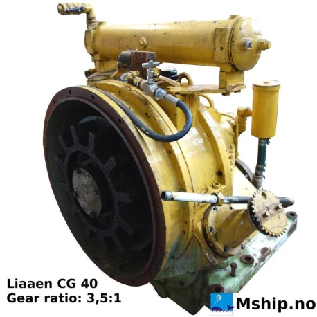 Liaaen CG 40 — Manufacturer: Liaaen, Model: CG 40, Serial number: Liaaen Installation number  590, Year: 1966, HP: 400, kW: 294, RPM: 1250, Gear type: Non Reversing Gearbox  CPP  - to be used with controllable pitch propeller, Gear ratio: 3.5:1