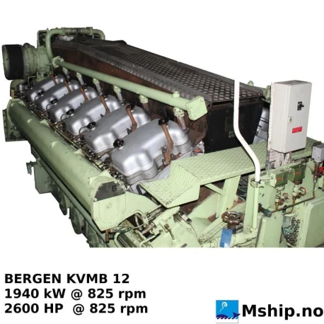 Bergen Diesel KVMB 12 — Manufacturer: Bergen Diesel, Model: KVMB 12, Year: 1980, HP: 2640, kW: 1940, RPM: 825, Running Hours: 55000, Number of cylinders: 12, Cylinder configuration: V-engine, Rotation direction: Both CCW and CW available, Class: DNV, Remarks: Running Hours since Last overhaul: about 3500 hours