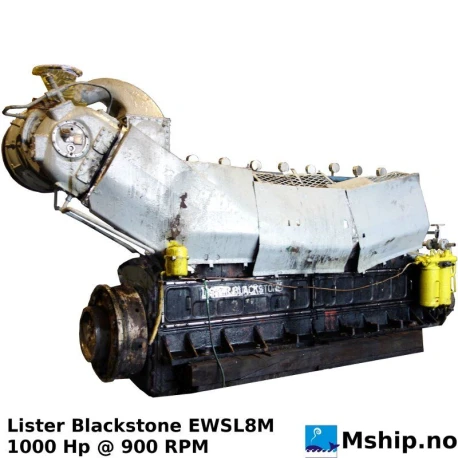 Lister Blackstone EWSL8M — Manufacturer: Lister Blackstone, Model: EWSL8M, Serial number: PR67G244 - two identical engines available ( Port + STB), Year: 1967, HP: 1000, kW: 735, RPM: 900, Running Hours: 78056, Fuel Type: Diesel, Other: Turbo: Napier HP 200