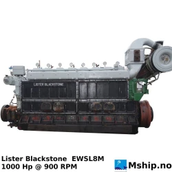 Lister Blackstone EWSL8M — Manufacturer: Lister Blackstone, Model: EWSL8M, Serial number: PR67G265 - two identical engines available ( Port + STB), Year: 1967, HP: 1000, kW: 735, RPM: 900, Running Hours: 78056, Cylinder bore: 222.25 mm, Piston Stroke: 292.1 mm, Number of cylinders: 8, Cylinder configuration: In line, Fuel Type: Diesel, Other: Turbo: Napier HP 200